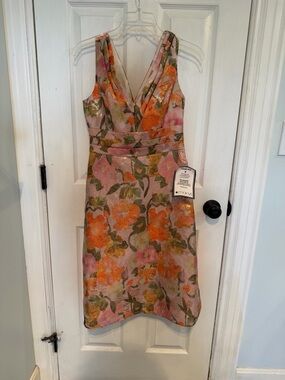 Adrianna Papell Pink and Orange Floral Dress perfect for spring, weddings, Derby